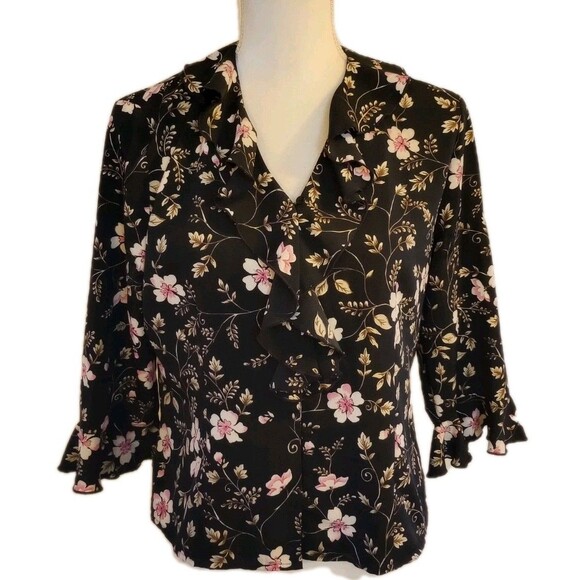Y2K Ruffle Blouse Shirt 8P Black Floral Button Front Whimsigoth Cottagecore - Picture 1 of 10